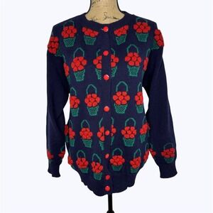 Tulchan Cardigan Sweater Blue Pure New Wool Floral Berry Basket Vintage 90s Sz L